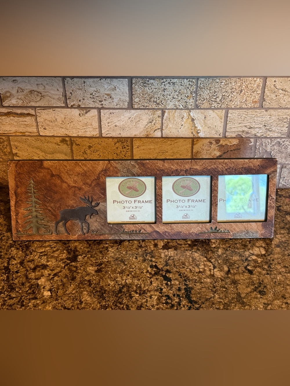 Big Sky Carvers Triple Picture Frame Rustic Moose Stonecast 3.5"x3.5" Photos